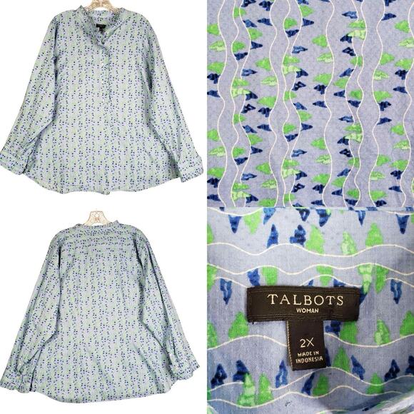 Talbots Shirt Women's Button Up Popover Long Sleeve Blue Size 2X Blue Geometric - Picture 1 of 8